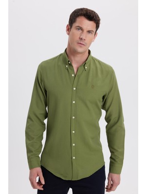 Tudors Erkek Slim Fit Dar Kesim Düz Oxford Armalı Düğmeli Yaka Yeşil Spor Gömlek