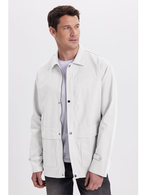 Tudors Erkek Relax Fit Rahat Kesim %100 Pamuk Çift Cepli Fermuarlı Ekru Mont Gömlek