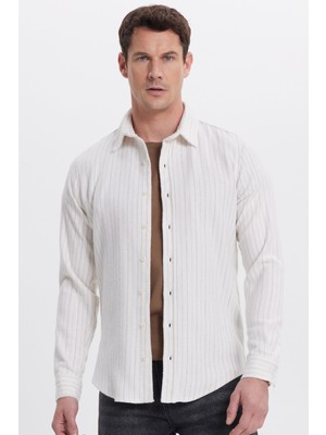 Tudors Erkek Slim Fit Dar Kesim Yaka Düğmeli Çizgili Oduncu Gömlek