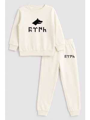 Shain Türk Bozkurt Kurt Göktürkçe Yazılı Baskılı Bisiklet Yaka Ekru Çocuk Eşofman Alt Üst Takım