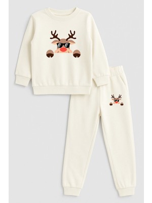 Shain Geyik Yılbaşı Noel Baba Christmas Baskılı Bisiklet Yaka Ekru Çocuk Eşofman Alt Üst Takım