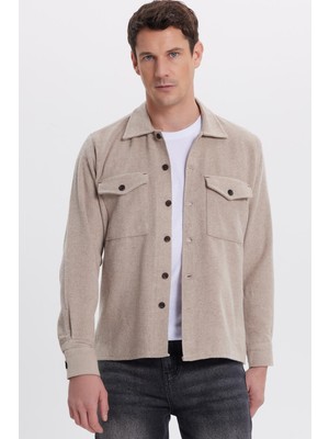 Tudors Erkek Regular Fit Rahat Kesim Kapaklı Çift Cep Kışlık Oduncu Vizon Gömlek