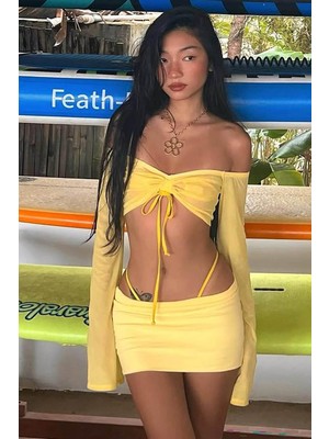 BMD Sara Ikili Büzgülü Elbise - Sarı