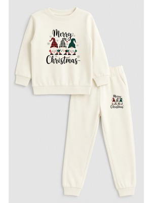 Shain 2026 Yılbaşı Noel Baba Christmas Baskılı Bisiklet Yaka Ekru Çocuk Eşofman Alt Üst Takım