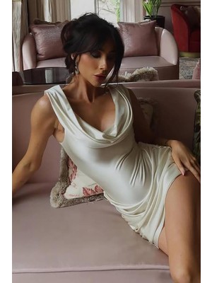 BMD Jenna Likralı Saten Elbise - Krem