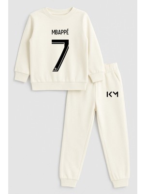 Shain Futbolcu Mbappe Baskılı Bisiklet Yaka Ekru Çocuk Eşofman Alt Üst Takım