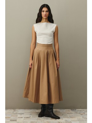 Fahhar Pile Dikişli Etek Camel