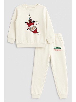 Shain 2026 Yılbaşı Noel Baba Christmas Baskılı Bisiklet Yaka Ekru Çocuk Eşofman Alt Üst Takım