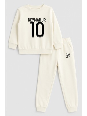 Shain Futbolcu Neymar Baskılı Bisiklet Yaka Ekru Çocuk Eşofman Alt Üst Takım