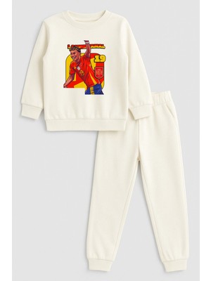 Shain Futbolcu Lamine Yamal Baskılı Bisiklet Yaka Ekru Çocuk Eşofman Alt Üst Takım