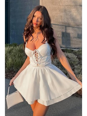 BMD Britney Astarlı Mini Elbise - Beyaz