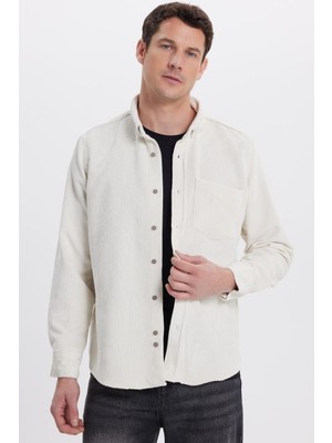 Tudors Erkek Regular Fit Rahat Kesim Fitilli Kadife Görünüm Düğmeli Yaka Krem Rengi Ceket Gömlek