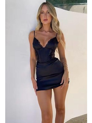 BMD Lace Satin Mini Elbise - Siyah