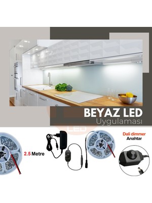 Amber LED 12V Yüksek Parlaklık 4040 Şerit LED Tak Çalıştır Hazır Set, 2.5 Metre Beyaz, Dali Dimmer Aç-Kapa Anahtar ve Adaptör Dahil, Gizli Aydınlatma, Mutfak, Tezgah, Dolap İçi ve Ayna İçin