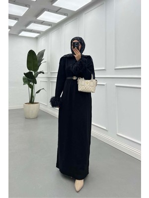 Esila Butik Kolları Tüylü Puffy Detaylı Kadın Triko Tesettür Elbise