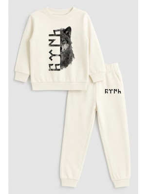 Shain Türk Bozkurt Kurt Göktürkçe Yazılı Baskılı Bisiklet Yaka Ekru Çocuk Eşofman Alt Üst Takım