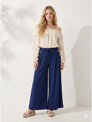 Ribana Classic Cepte Düğme Detaylı Beli Lastikli Geniş Kesim Kloş Double Krep Kumaş Pantolon Etek -31010