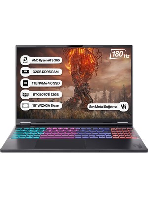 Acer Nitro 16S NH.U07EY.001-32 Ryzen Aı 9 365 32GB 1tb SSD RTX5070Tİ-12GB 180Hz 16 Wqxga Dos Taşınabilir Bilgisayar