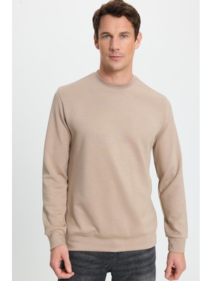 Tudors Erkek Standart Fit Normal Kesim Uzun Kollu Ekstra Soft Modal Kumaş Bisiklet Yaka Vizon Sweatshirt