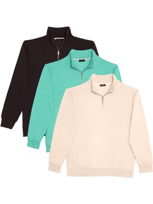 Tudors Unisex 3'lü Paket Kahverengi-Yeşil-Ekru Relax Fit Pamuklu Yarım Fermuarlı Dik Yaka Sweatshirt
