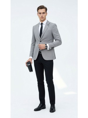 Plus Scorpion Açık Gri Kırçıllı Erkek Blazer Ceket – Torba Cepli, Çift Yırtmaçlı, Dokulu Premium Kumaş Slim Fit
