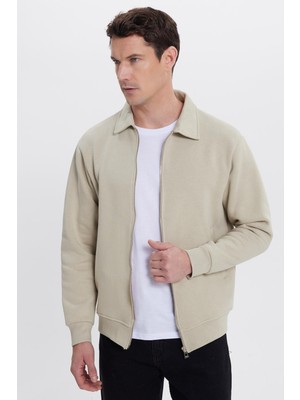 Tudors Unisex Relax Fit Rahat Kesim Pamuklu Içi Polarlı Fermuarlı Taş Polo Yaka Flato Cepli Sweatshirt Hırka