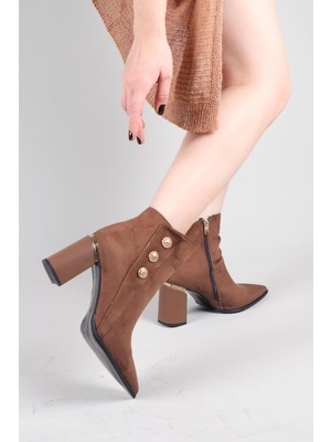 Birikon Bıdıu Gold Tokalı Süet Topuklu Bot Kahverengi