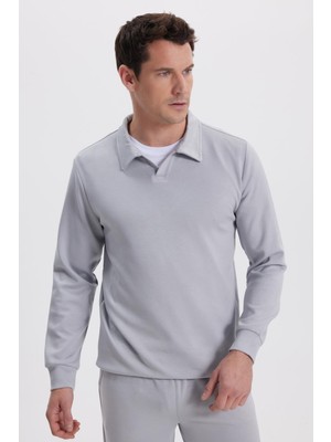 Tudors Erkek Relax Fit Rahat Kesim Polo V Yaka Gri Sweatshirt