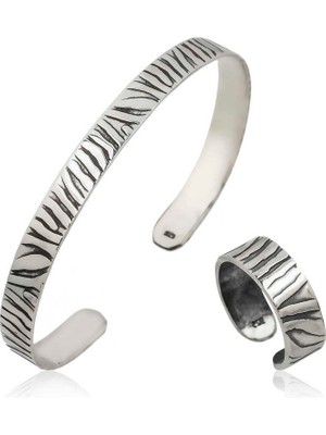 Aya Diamond Gümüş Zebra Desenli Bileklik ve Yüzük Set