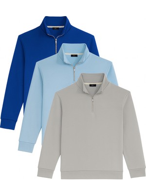 Tudors Unisex 3'lü Paket Taş-Mavi-Saks Mavi Relax Fit Pamuklu Yarım Fermuarlı Dik Yaka Sweatshirt