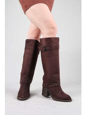 Birikon Basila Troklu Topuklu Süet Çizme Kahverengi
