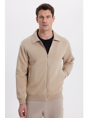 Tudors Unisex Relax Fit Rahat Kesim Pamuklu Içi Polarlı Fermuarlı Koyu Bej Polo Yaka Flato Cepli Sweatshirt Hırka