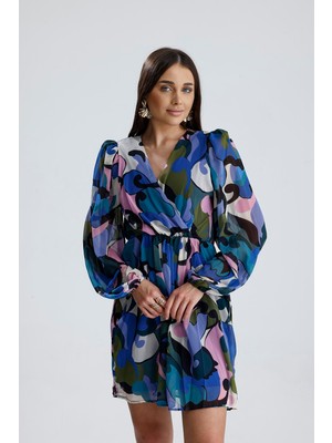 Velizade Mavi Desenli Mini Kloş Çan Modeli Elbise V Yaka Beli Lastikli Balon Kollu Elbise Abiye Gece Elbisesi