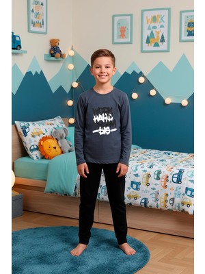 Kompedan Erkek Çocuk Interlok Bisiklet Yaka Pijama Takımı |  Füme 301