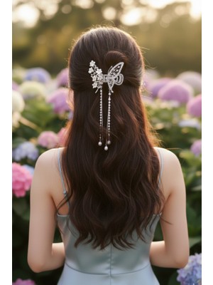 Gümüş Kelebek ve Inci Çiçek Detaylı Sallantılı Abiye Mandal Toka