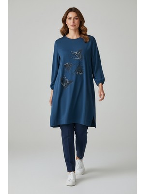 Ece Giyim Kadın Önü Taşlı Altı Bantlı Kristal Iki Iplik Mevsimlik Penye Tunik