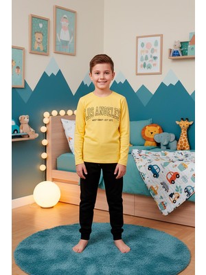 Kompedan Erkek Çocuk Interlok Bisiklet Yaka Pijama Takımı | Sarı 300