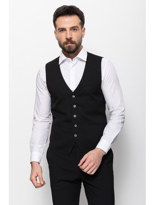 MCR Düz Slim Fit Klasik Erkek Yelek Siyah Renkli Hakim Yaka ve Pamuk Materyal ile Şık Tasarım