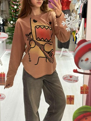 İsra Ayyıldız Moonstar Collection Domo Kunn Gitarlı Oversize Uzun  Kollu Y2K Kahverengi Bluz