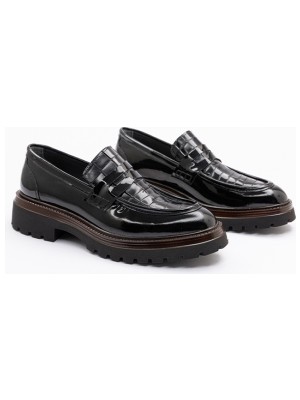 24166 Erkek Siyah Rugan Kalın Tabanlı Loafer