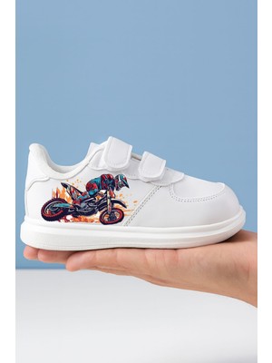Motor Baskılı Beyaz Bantlı Çocuk Spor Ayakkabı Sneaker