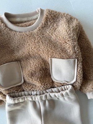 RG Brand Kız / Erkek Bebek Cep Detaylı Peluş Sweatshirt - Eşofman 2'li Takım_RG356
