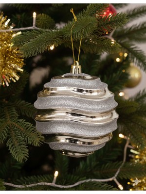 Dodomar 15 cm – Beyaz Yatay Çizgili Parlak Gümüş Yılbaşı Top Süs Büyük Boy Dekoratif Ağaç Süsü