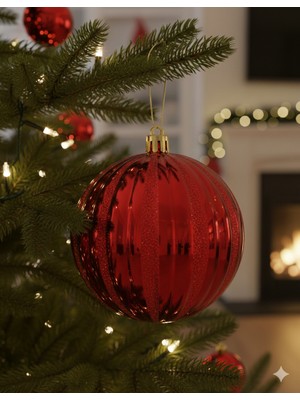 Dodomar 15 cm – Çizgili Simli Kırmızı Yılbaşı Top Süs Büyük Boy Dekoratif Ağaç ve Parti Süsleme Ürünü