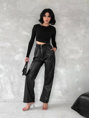Mg Kendinden Ince Kemerli Deri Pantolon Siyah
