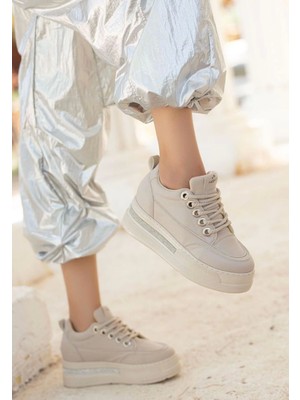 MGN Lulu Bej Cilt Bağcıklı Spor Ayakkabı