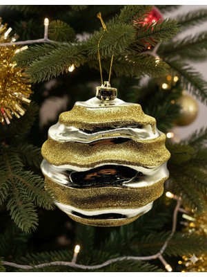 Dodomar 15 cm – Beyaz Yatay Çizgli Parlak Gold Yılbaşı Top Süs Büyük Boy Dekoratif Ağaç Süsü