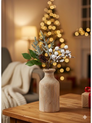 Dodomar 28 cm – Beyaz Berry Çiçekli Kozalaklı Yılbaşı Çam Dalı Dekoratif Masa ve Ağaç Süsleme Dalları