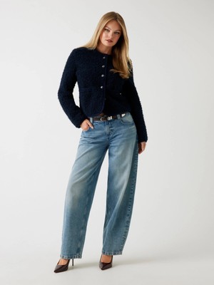 Guess Ivana Kadın Mavi Kürk Dokuma Polar Astar Özellikli Uzun Kol Midi Ceket