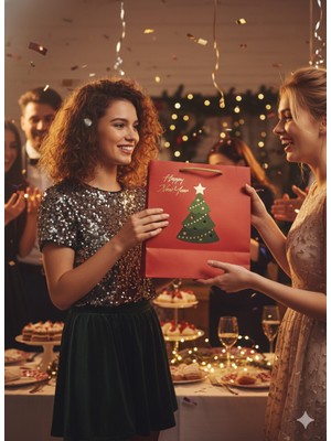 Dodomar 33X31.5X14 cm – Kırmızı Çam Ağacı Varaklı Lüks Karton Hediye Çantası Büyük Boy Özel Sunum Çantası